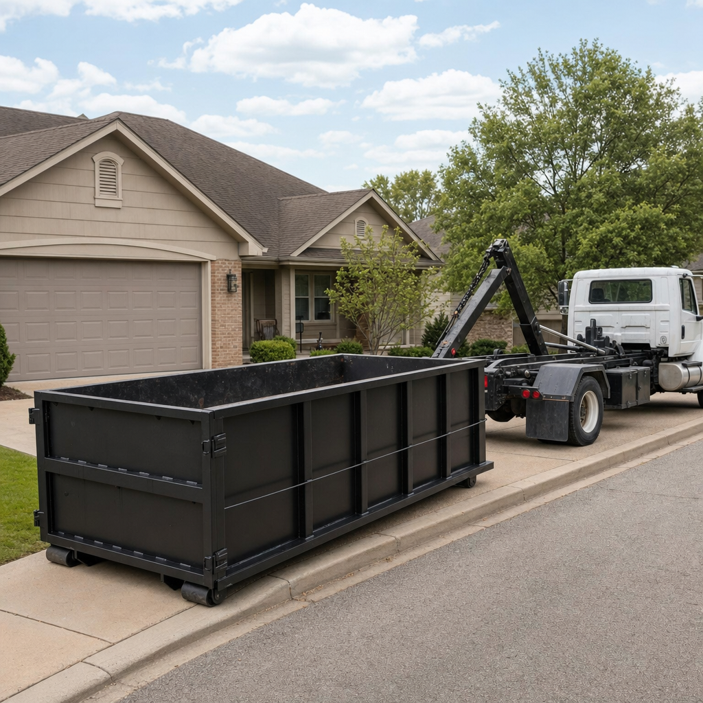 Wide documentary shot of a matte-black roll-off dumpster on a Turlock residential driveway in the foreground and a contractor jobsite container in the soft-focus background, bright daylight, calm and orderly composition.