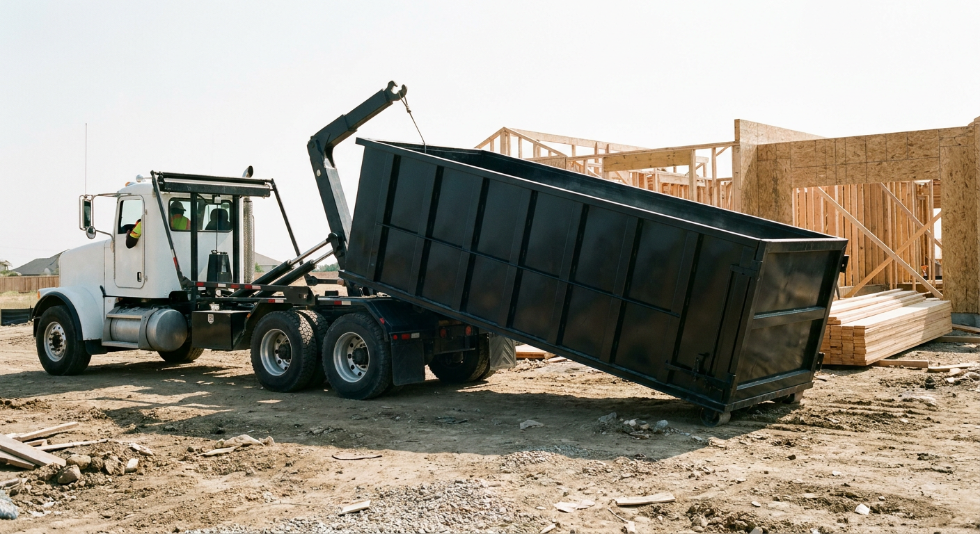 Matte-black roll-off dumpster being delivered onto a clean residential concrete driveway in Turlock by an unmarked white hooklift hauler truck, bright morning daylight, documentary 35mm perspective.